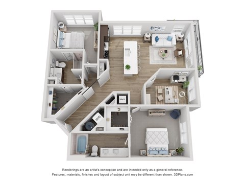 A 3D floor plan of a house with a kitchen, living room, and two bedrooms.